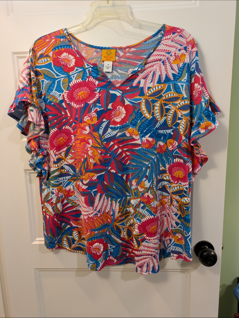 Ruby Rd. Tropical Floral Ruffle Sleeve V-Neck Top - Blue/Pink/Orange